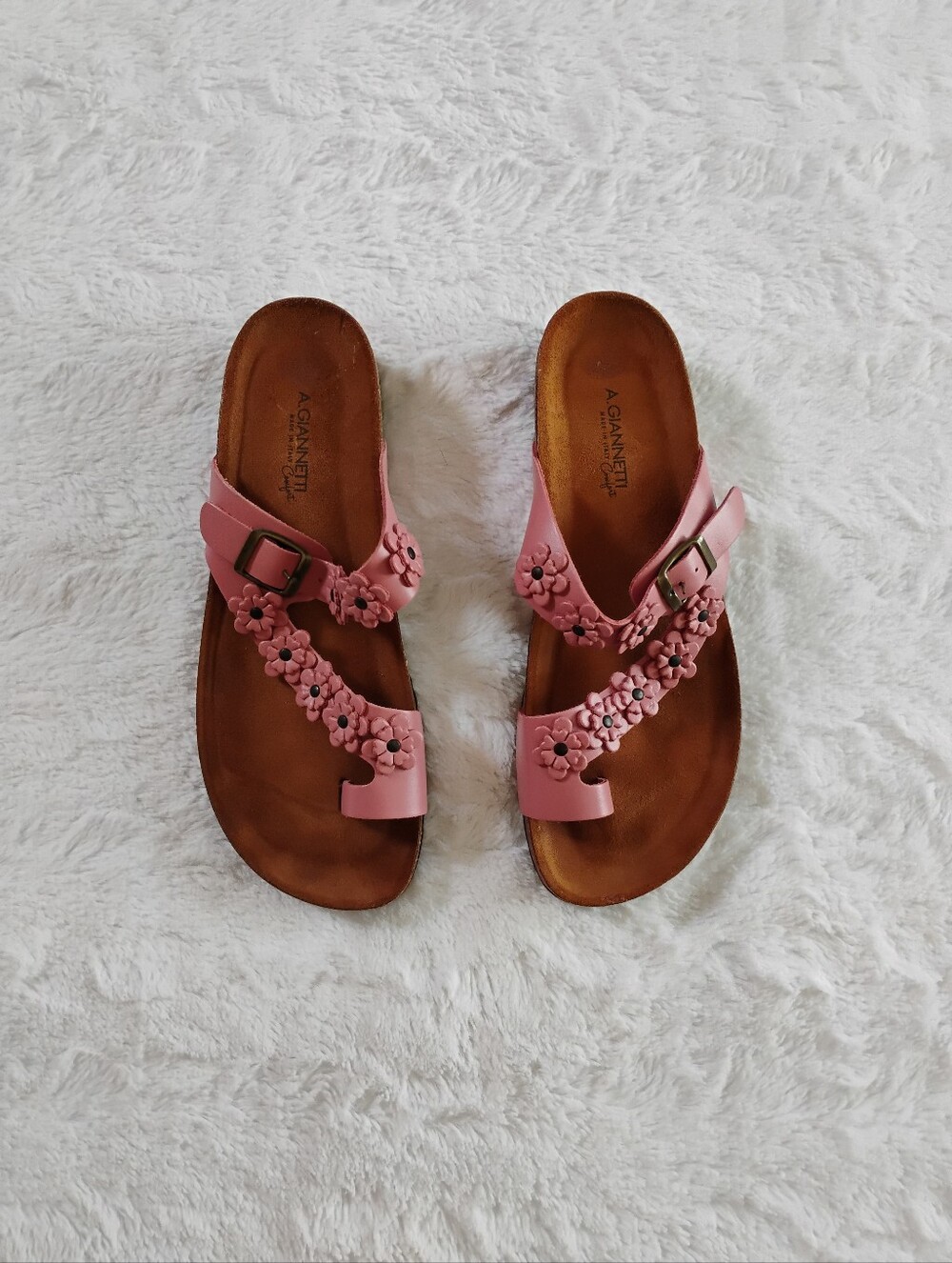A. Giannetti Pink Floral Leather Thong Sandals